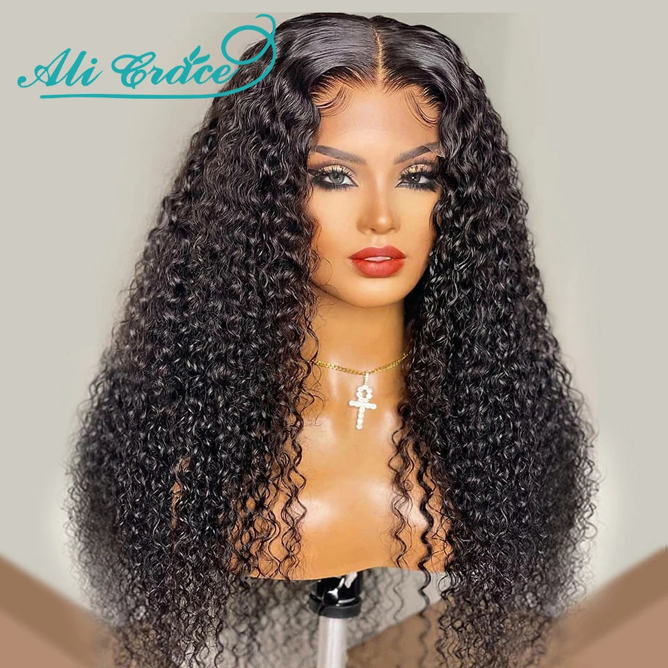 Ali Grace Hair Brazilian Kinky Curly Human Hair Wigs Pre-Plucked 13x4 Lace Frontal Wig Remy Hair Deep Curly 4x4 Lace Closure Wig
