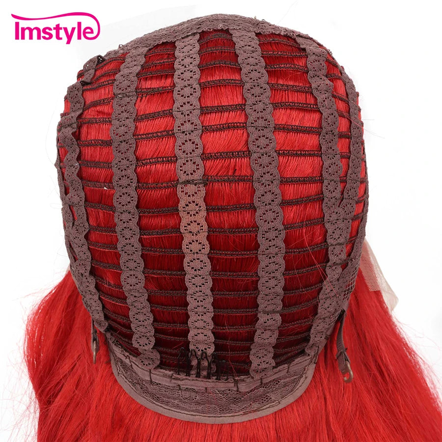 Perruque synthétique longue rouge Imstyle, perruques de cosplay ondulées naturelles pour femmes, perruques en fibre résistante à la chaleur, perruques en dentelle blanches et brunes