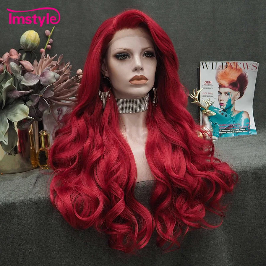 Perruque synthétique longue rouge Imstyle, perruques de cosplay ondulées naturelles pour femmes, perruques en fibre résistante à la chaleur, perruques en dentelle blanches et brunes