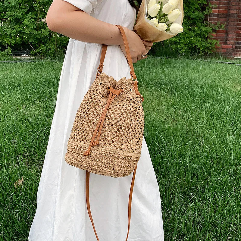 Sac seau en paille tressée pour femme, sac à bandoulière, sac de plage d'été, sac de voyage rétro, petit sac à main et sac à main pour femme