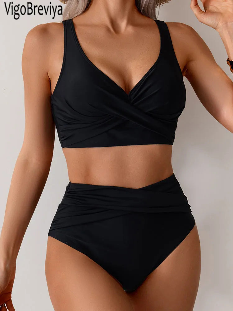 Maillot de bain sexy VigoBreviya 2025 à bretelles solides pour femmes, ensemble bikini push-up croisé, maillot de bain brésilien taille haute, maillot de bain de plage