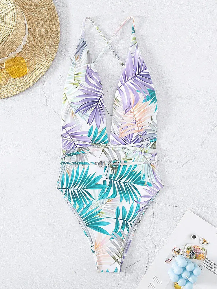 Maillot de bain une pièce imprimé sexy Vigoashely 2025, décolleté en V profond, dos nu, ceinture croisée ajourée, monokini, été