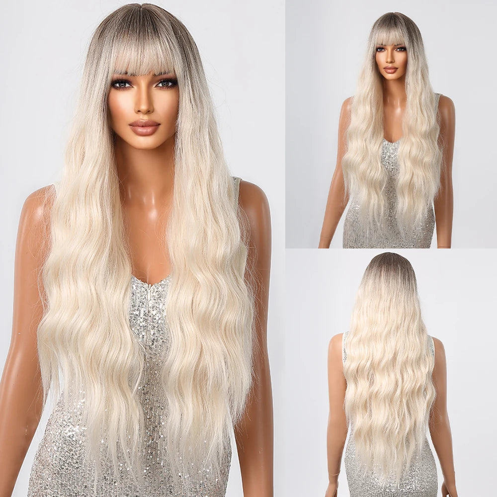 ALAN EATON Brown Highlight Synthetic Wigs with Bangs for Black Women Long Ombre Honey Brown Wave Wig Heat Resistant Hair Natural