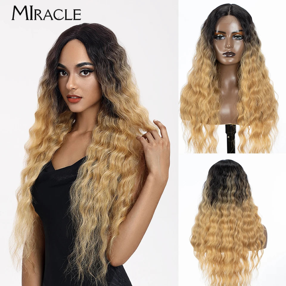 MIRACLE Synthetic Lace Front Wig 30'' Water Wave Lace Frontal Wig for Women Red Blonde Cosplay Lace Wig Female Fake Hair