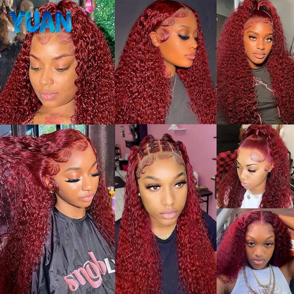 Burgundy 13x6 Hd Lace Frontal Human Hair Wig Deep Wave Curly Wigs For Women 30 Inch Water Wave Colored 99j Red Lace Front Wig