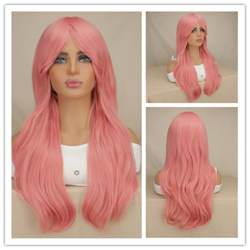 Women Long Wavy Cosplay Wig Red Rose Pink Black Blue Sliver Gray Brown Temperature Synthetic Hair Wigs