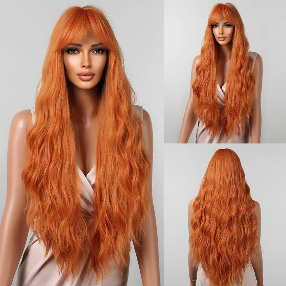 ALAN EATON Brown Highlight Synthetic Wigs with Bangs for Black Women Long Ombre Honey Brown Wave Wig Heat Resistant Hair Natural