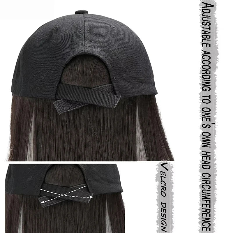 Baseball cap wig Synthetic Wigs With White Black Hat Long Straight Hair Wigs For Women connect Hat One Piece Wig Hat adjustable