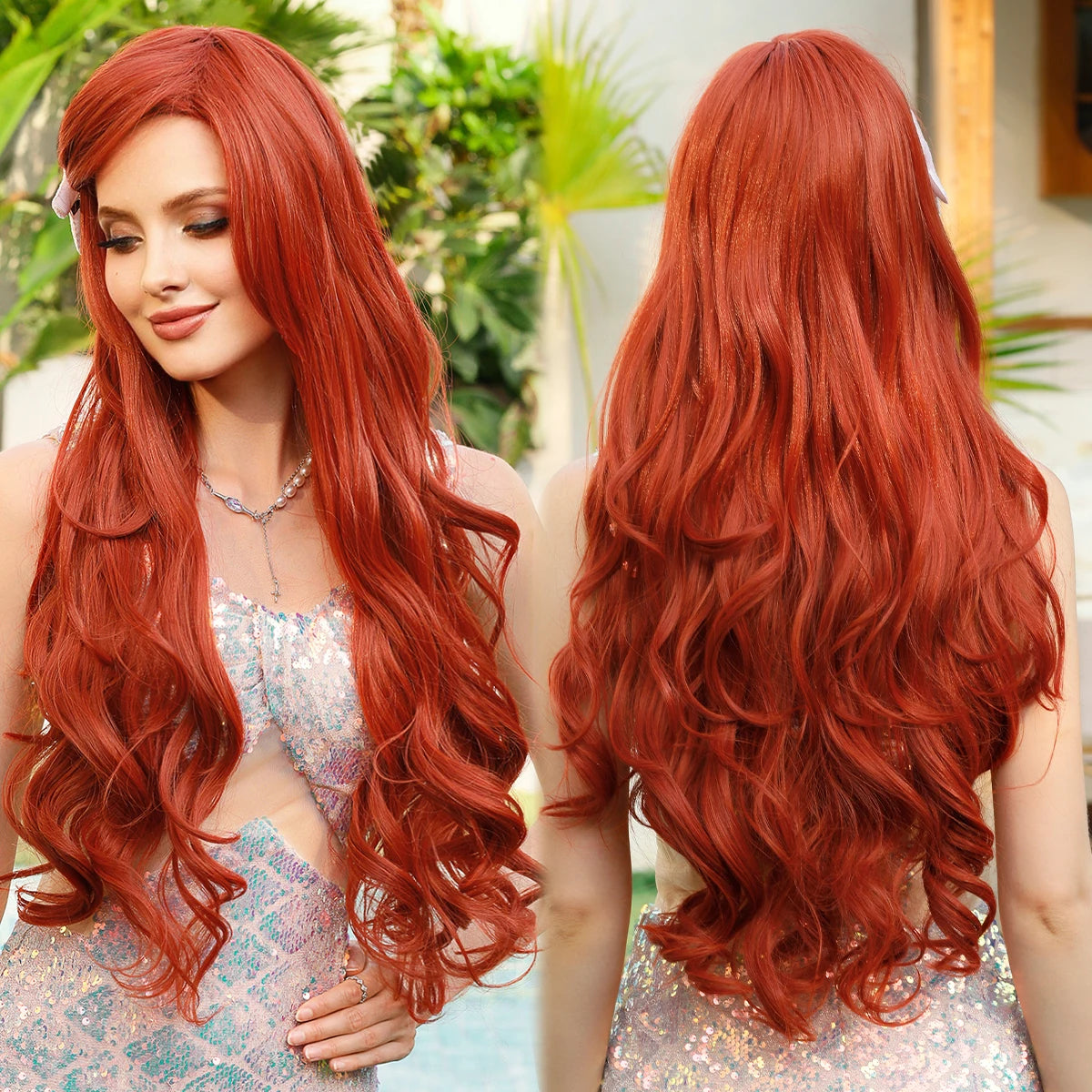 Aquamarine Wig Synthetic Long Curly Orange Red Mermaid Wig with Bangs Loose Body Wave Wigs for Women Halloween Party Cosplay Wig