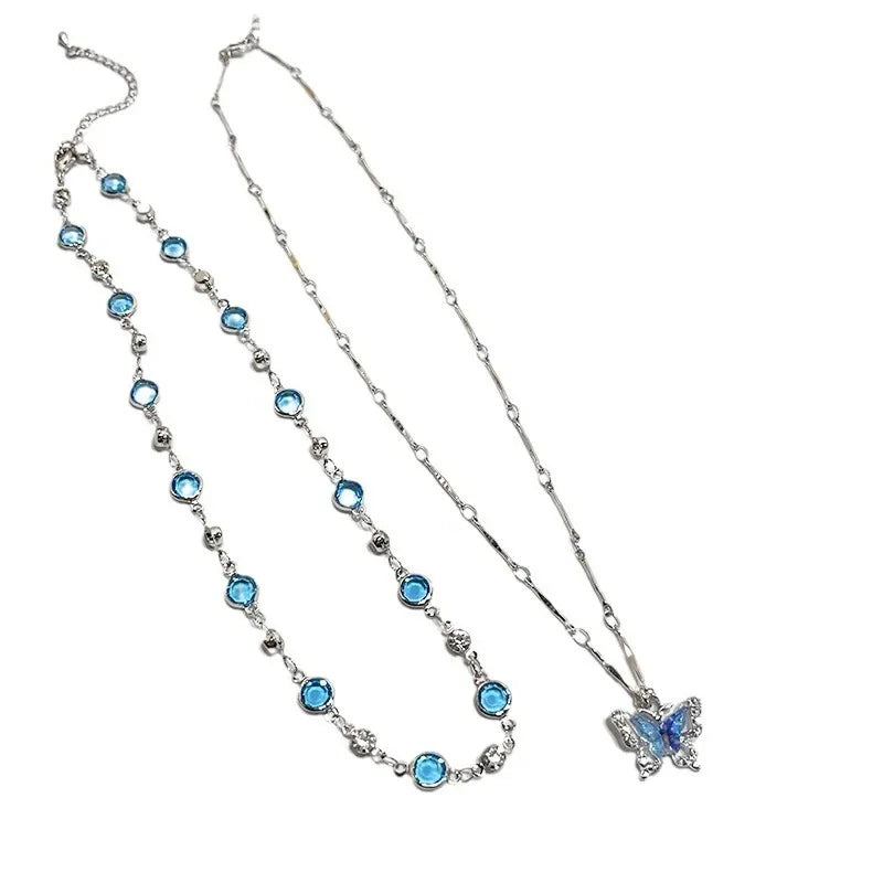 Romantic Blue Crystal Butterfly Necklace for Women Girls Simple Shiny Zircon Bilayer Choker Clavicle Chain Fine Jewelry