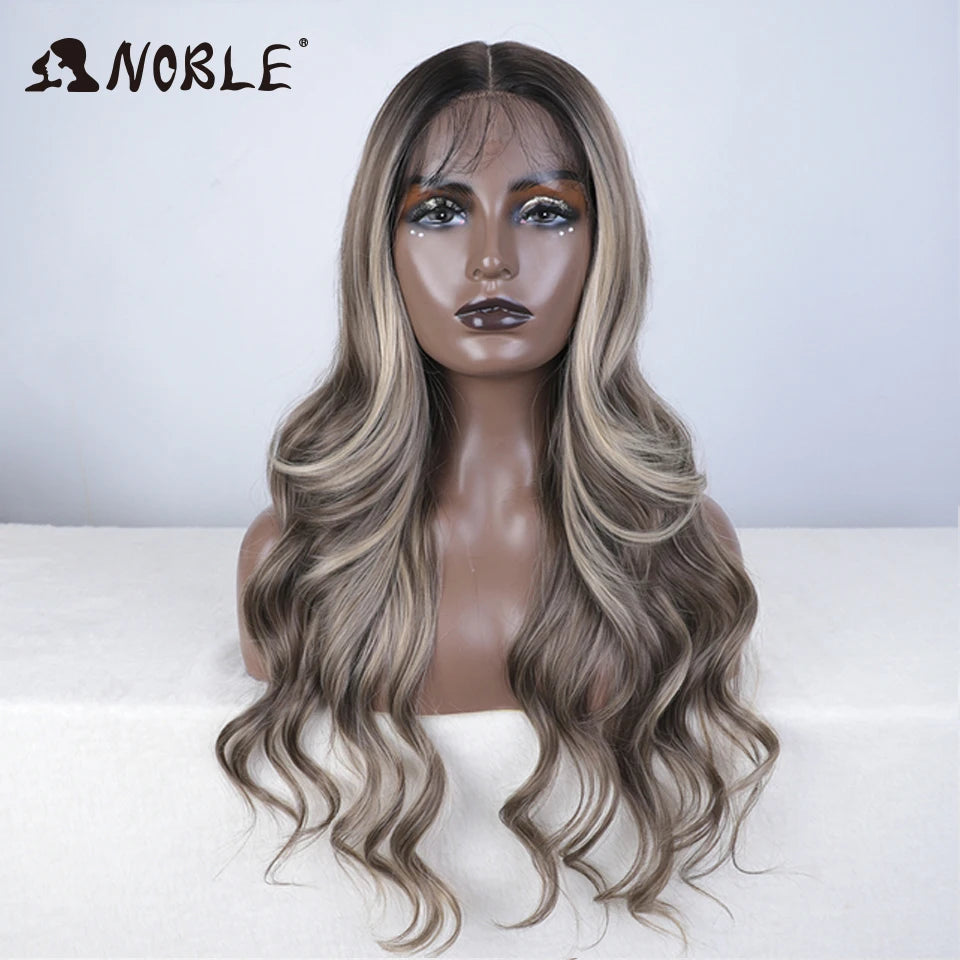 Noble Lace Front Wig Synthetic 28“ Highlight Honey Brown Body Wave Wig Blonde Wigs For Women Lace Wig Synthetic Lace Front Wig