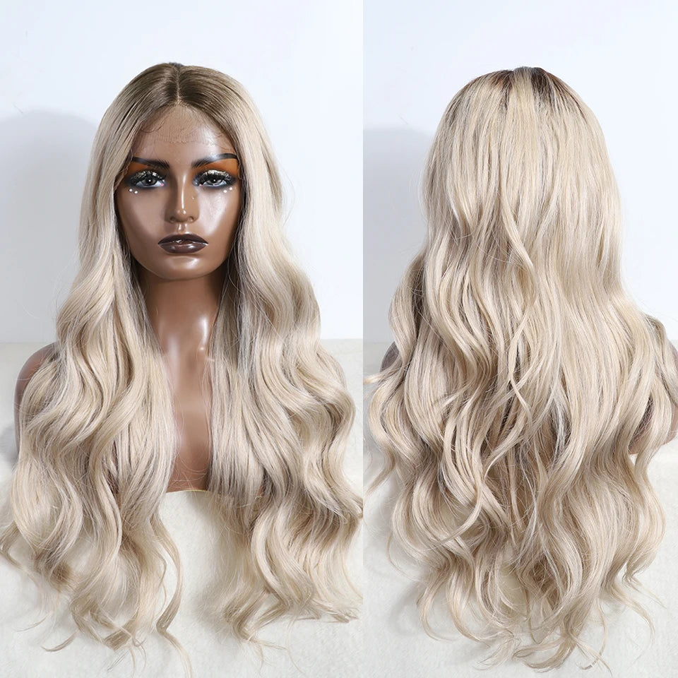 FREEDOM Synthetic Lace Front Wigs For Women 30 inch Long Body Wave T Part Lace Wigs Ombre Blonde Brown Wig Cosplay Wigs