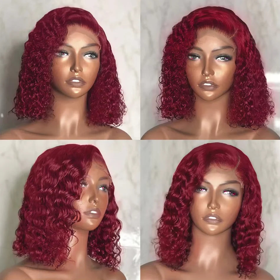 200% Density 99J Burgundy Short Deep Water Wave 13x4 Lace burgundy HD lace deep wave short bob wigs human hair wigs 14 inches