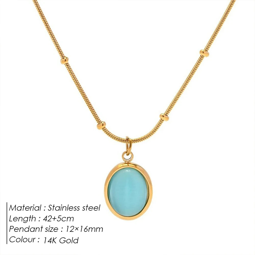 Colliers pour femmes en acier inoxydable plaqué or avec pendentif ovale en opale bleue, chaîne perlée, livraison en 48 heures.