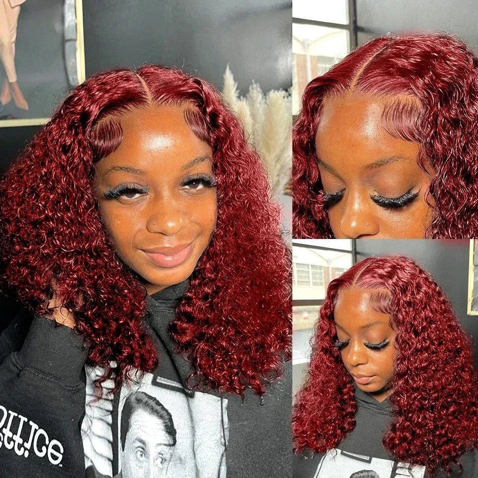 200% Density 99J Burgundy Short Deep Water Wave 13x4 Lace burgundy HD lace deep wave short bob wigs human hair wigs 14 inches