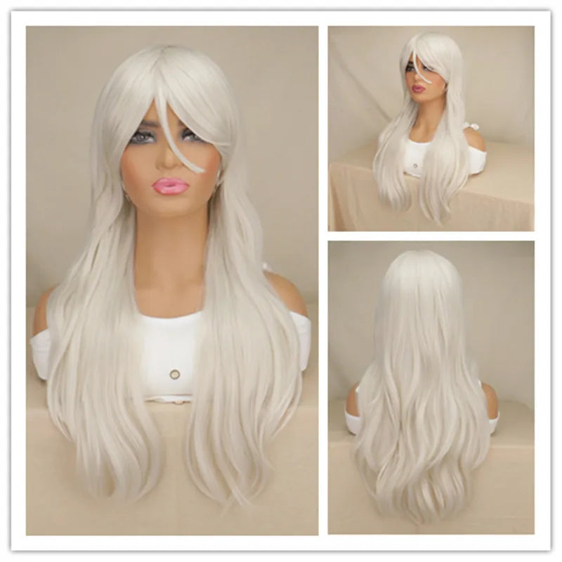 Women Long Wavy Cosplay Wig Red Rose Pink Black Blue Sliver Gray Brown Temperature Synthetic Hair Wigs