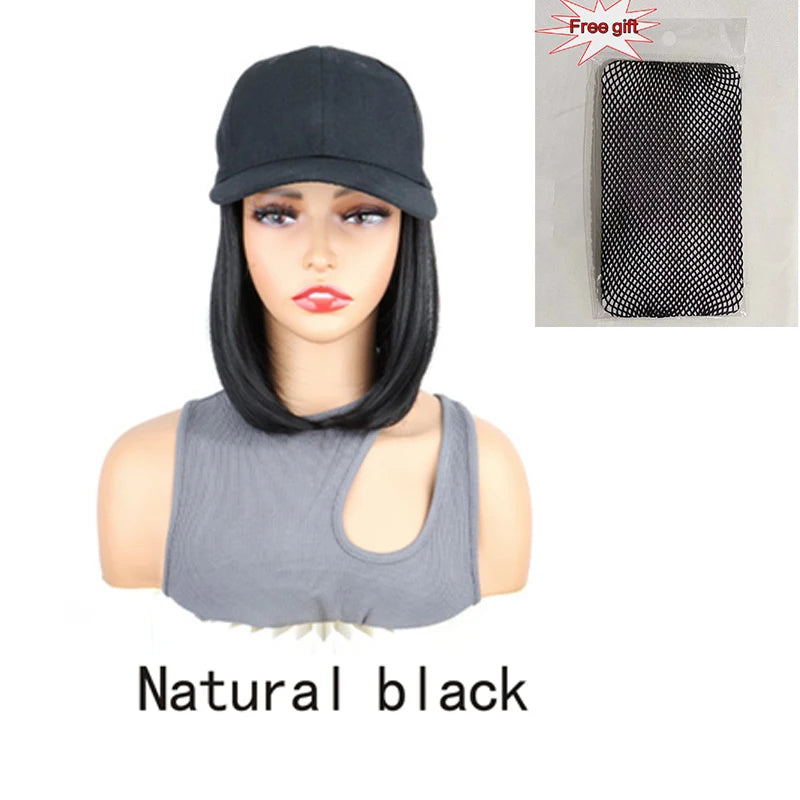 8Inch Synthetic Short Straight Wig Heat Resistant Fiber Stylish Girls' Baseball Hat Wig with Natural  Hair Peaked Cap