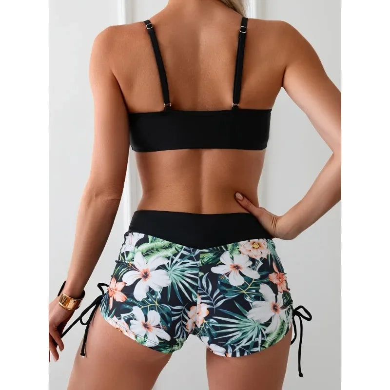 Two Piece Women Swimsuit Bathing Suits Floral Tropical High Waist Beachwear Board Shorts Halter Tops Bikinis Set