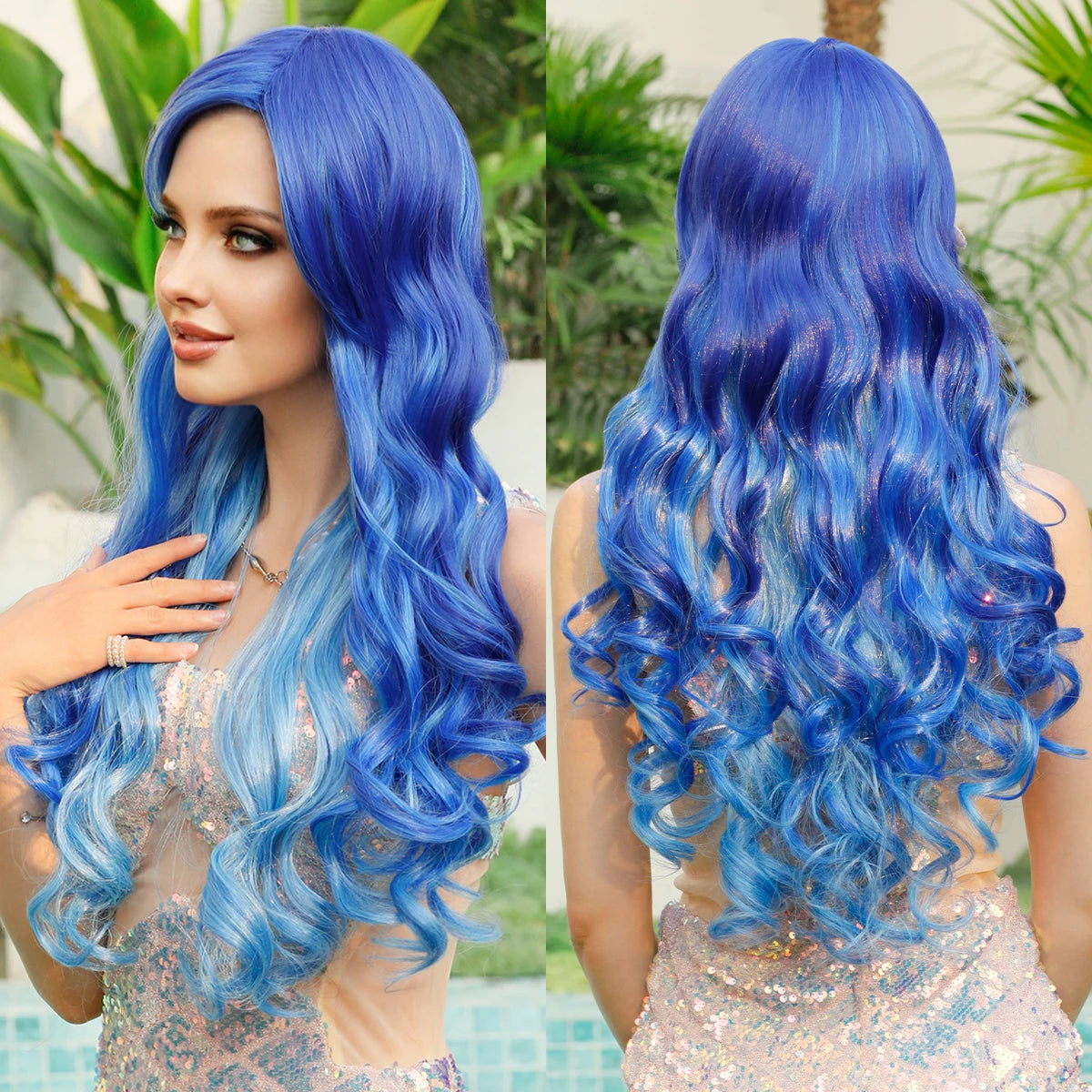 Aquamarine Wig Synthetic Long Curly Orange Red Mermaid Wig with Bangs Loose Body Wave Wigs for Women Halloween Party Cosplay Wig