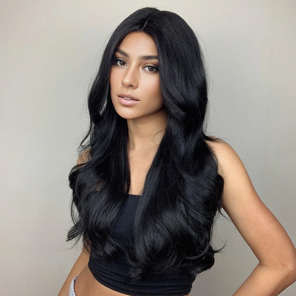 Fashion black brown synthetic wig in long curly hair full head set high temperature silk chemical fiber big wave head set
