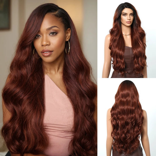 Lace Front Synthetic Wigs Yaki Wavy Auburn Reddish Brown Lace Front Wigs for Balck Women Daily Party Heat Resistant 13x4x1 Lace