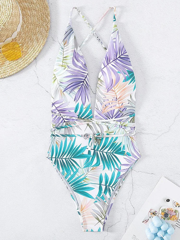 Maillot de bain une pièce imprimé sexy Vigoashely 2025, décolleté en V profond, dos nu, ceinture croisée ajourée, monokini, été