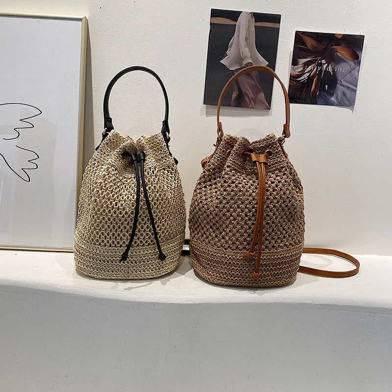 Sac seau en paille tressée pour femme, sac à bandoulière, sac de plage d'été, sac de voyage rétro, petit sac à main et sac à main pour femme