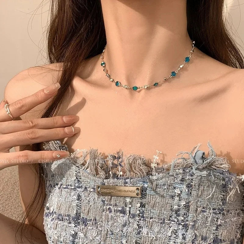 Romantic Blue Crystal Butterfly Necklace for Women Girls Simple Shiny Zircon Bilayer Choker Clavicle Chain Fine Jewelry