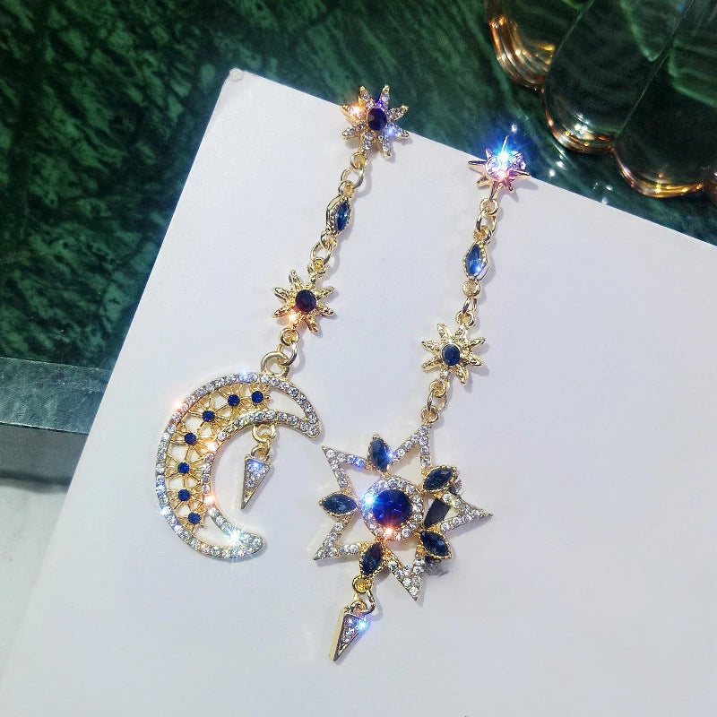 Boucles d'oreilles asymétriques en forme d'étoile et de lune, élégantes et tendance, couleur argent, longues et scintillantes, personnalisées