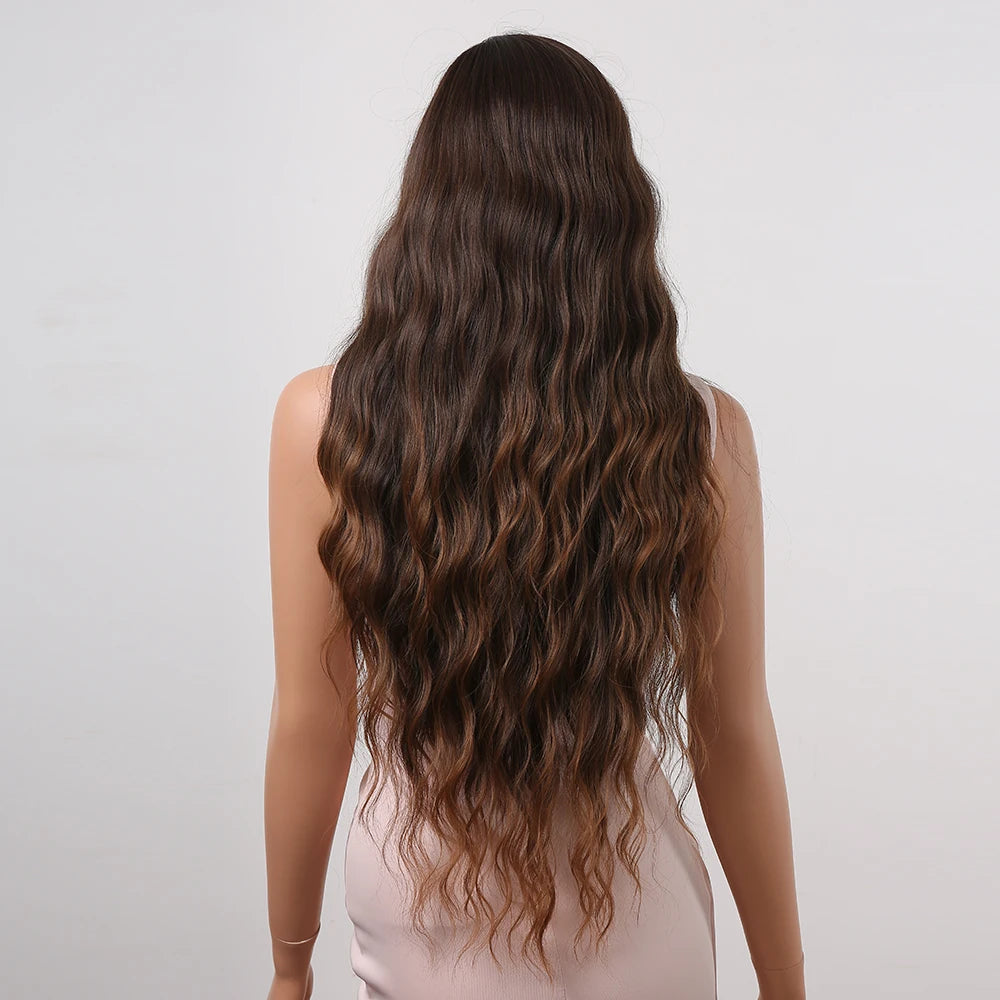 ALAN EATON Brown Highlight Synthetic Wigs with Bangs for Black Women Long Ombre Honey Brown Wave Wig Heat Resistant Hair Natural