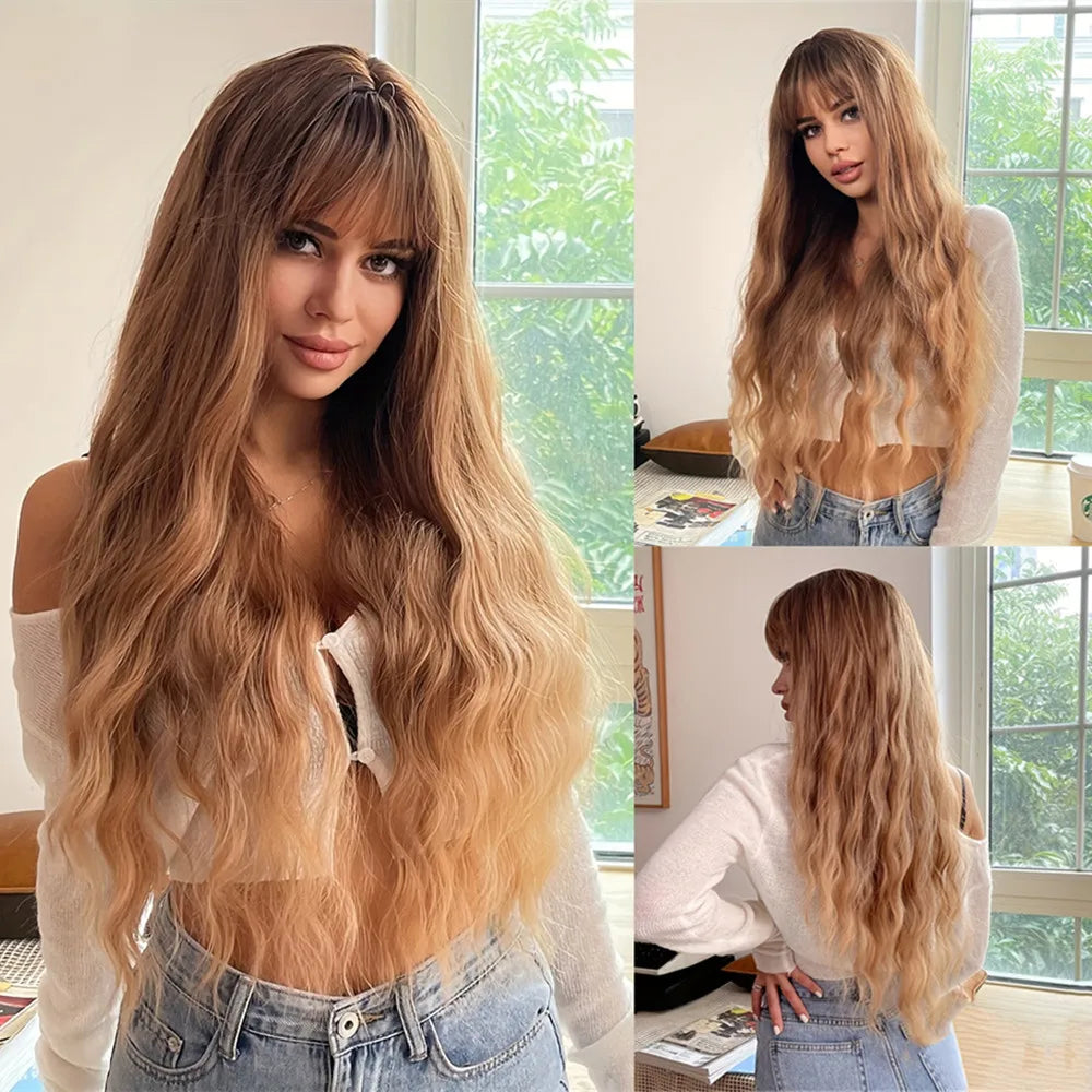 ALAN EATON Brown Highlight Synthetic Wigs with Bangs for Black Women Long Ombre Honey Brown Wave Wig Heat Resistant Hair Natural