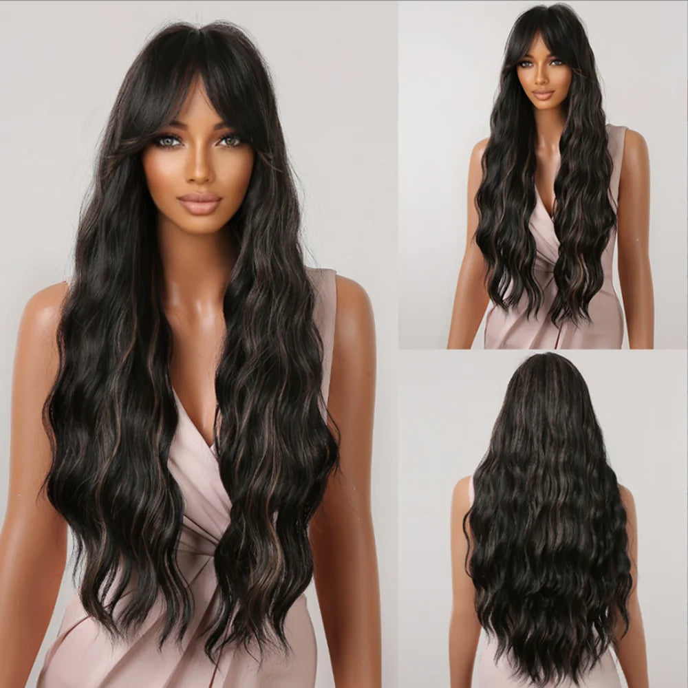 ALAN EATON Brown Highlight Synthetic Wigs with Bangs for Black Women Long Ombre Honey Brown Wave Wig Heat Resistant Hair Natural