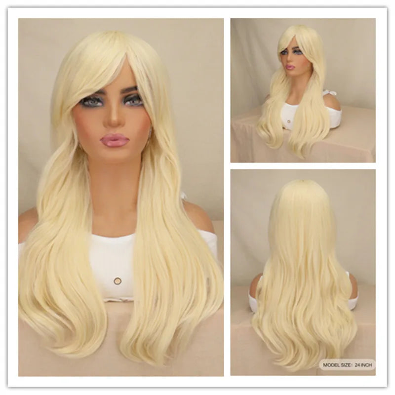 Women Long Wavy Cosplay Wig Red Rose Pink Black Blue Sliver Gray Brown Temperature Synthetic Hair Wigs