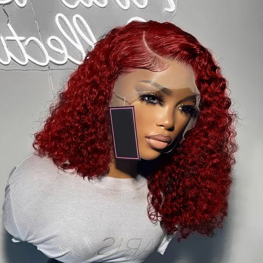 200% Density 99J Burgundy Short Deep Water Wave 13x4 Lace burgundy HD lace deep wave short bob wigs human hair wigs 14 inches
