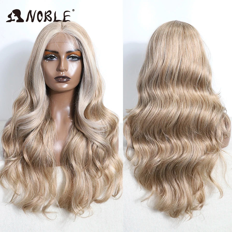 Noble Lace Front Wig Synthetic 28“ Highlight Honey Brown Body Wave Wig Blonde Wigs For Women Lace Wig Synthetic Lace Front Wig
