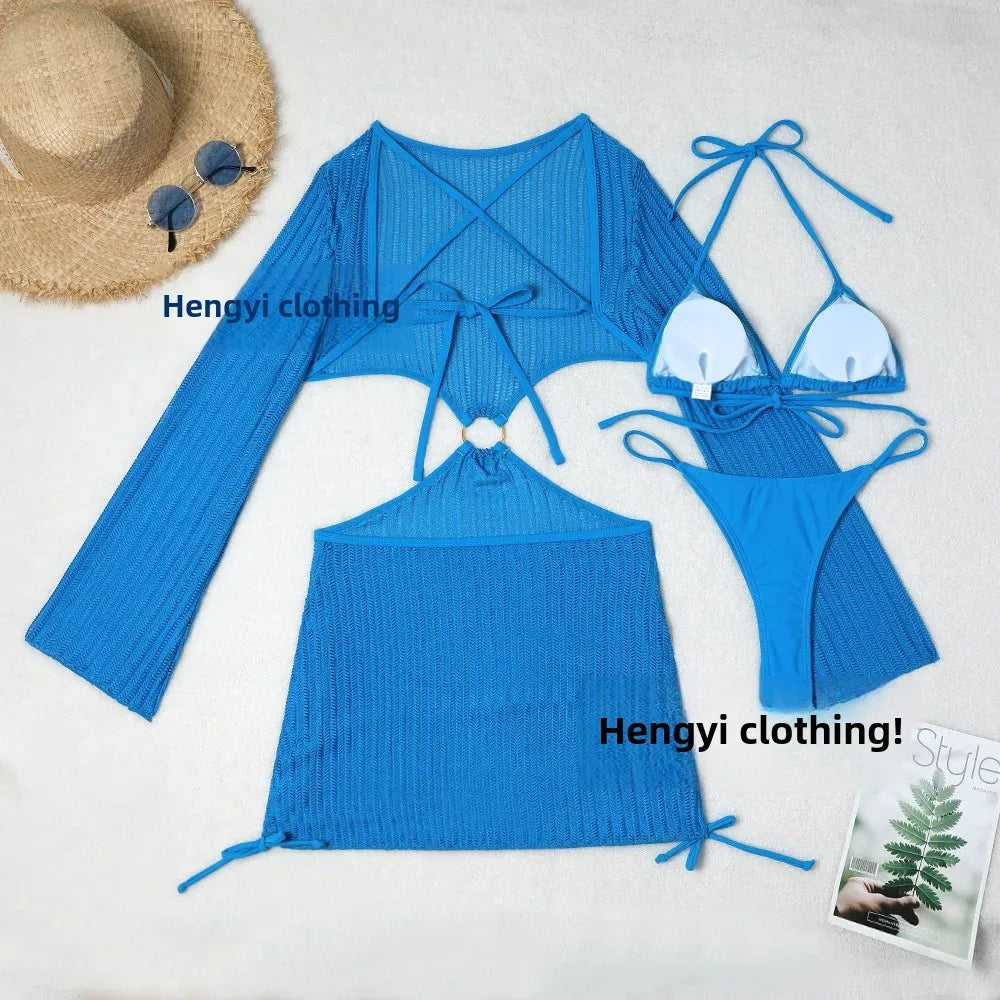 2025 New Cross-Border Tie-Dye Bikini Three-Piece Set Women's Net Sunshade Cover up Beach Skirt Suit Sportswear And Bag Accessori