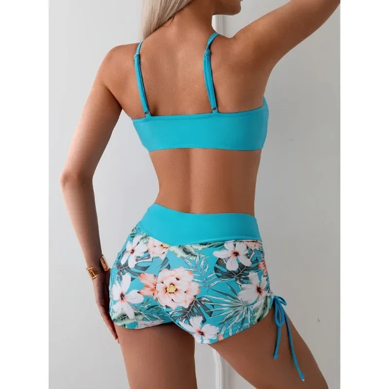 Two Piece Women Swimsuit Bathing Suits Floral Tropical High Waist Beachwear Board Shorts Halter Tops Bikinis Set