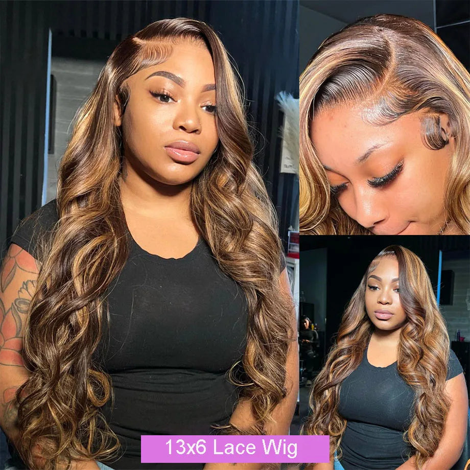 Perruque Body Wave naturelle à reflets ombrés, 30 à 32 pouces, perruques colorées 13x4 et 13x6 HD pour femmes noires