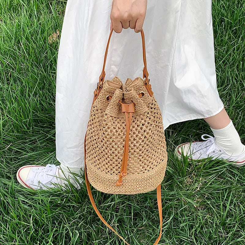 Sac seau en paille tressée pour femme, sac à bandoulière, sac de plage d'été, sac de voyage rétro, petit sac à main et sac à main pour femme