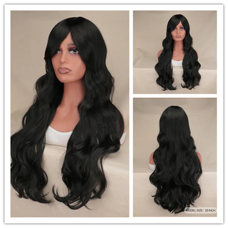 Women Long Wavy Cosplay Wig Red Rose Pink Black Blue Sliver Gray Brown Temperature Synthetic Hair Wigs