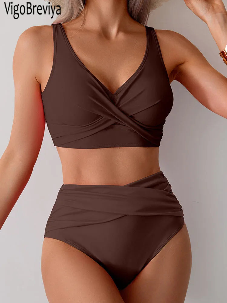 Maillot de bain sexy VigoBreviya 2025 à bretelles solides pour femmes, ensemble bikini push-up croisé, maillot de bain brésilien taille haute, maillot de bain de plage