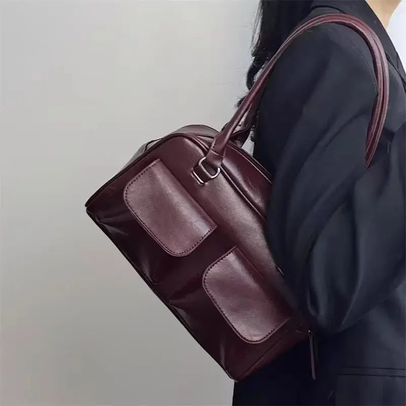 Sacs à bandoulière vintage pour femmes, fourre-tout simple pour dames, sac à main en cuir PU, sac à main bordeaux, grand format