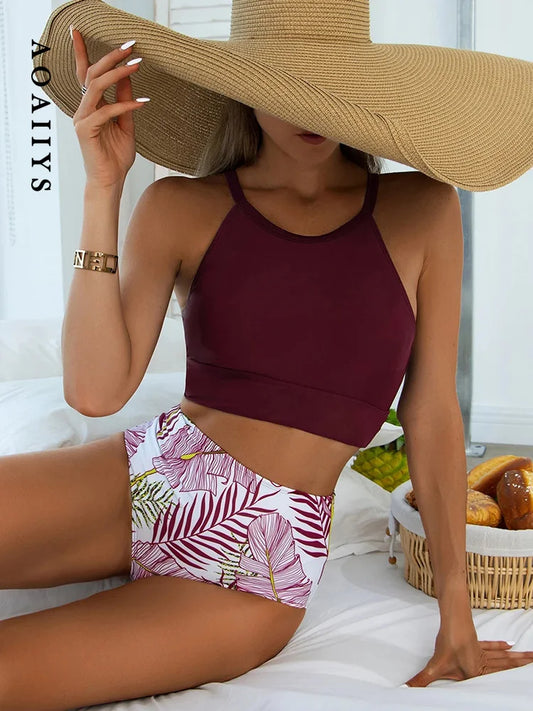 Aoaiiys Plant Printed Bikini Set Women Swimsuit High Waisted Two-Piece Backless Female Swimwear Bathing Summer Fashion Beachwear