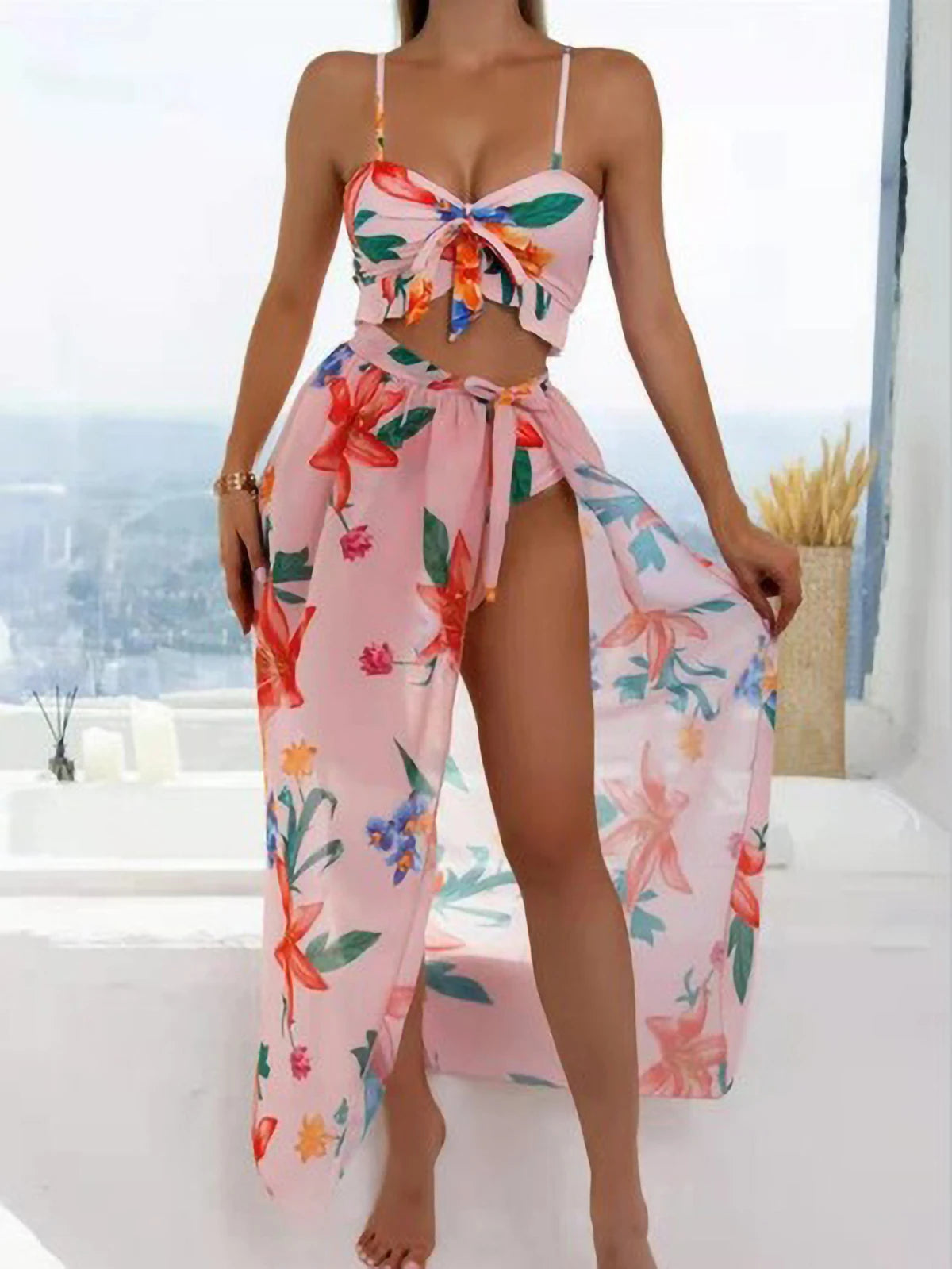 Vela Blue Brazilian Vikinis 2025 3 Piece Bikini Set Women High Waist Push Up & Padded Bra Printed Swimsuit with Skirt
