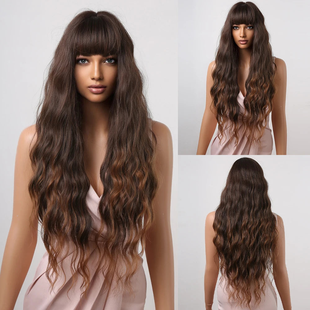 ALAN EATON Brown Highlight Synthetic Wigs with Bangs for Black Women Long Ombre Honey Brown Wave Wig Heat Resistant Hair Natural