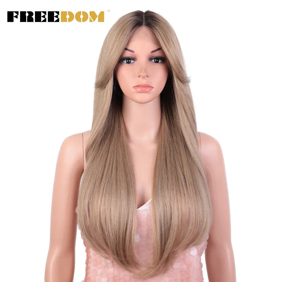 FREEDOM Synthetic Lace Front Wigs For Black Women 26 inch Straight Wigs Ombre Blond Cosplay Wig Synthetic Lace Wig With Bangs