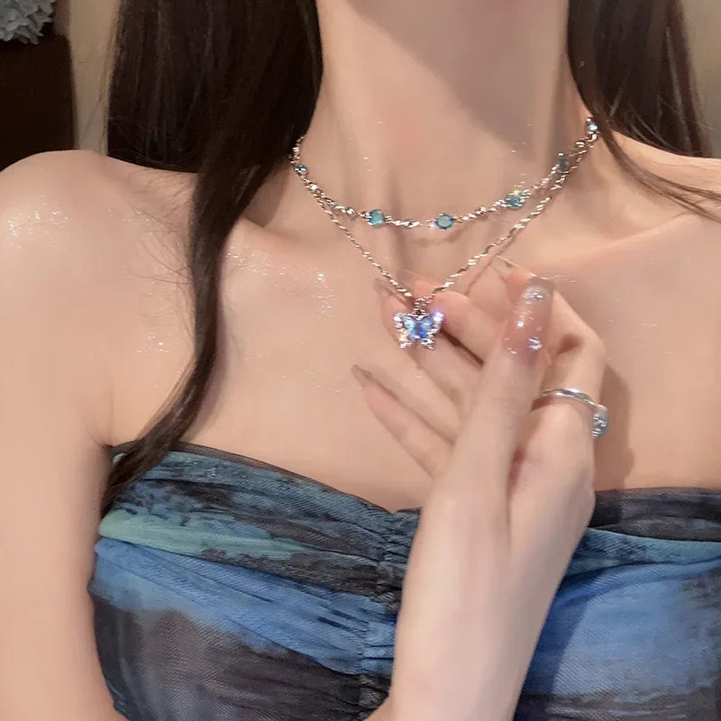 Romantic Blue Crystal Butterfly Necklace for Women Girls Simple Shiny Zircon Bilayer Choker Clavicle Chain Fine Jewelry