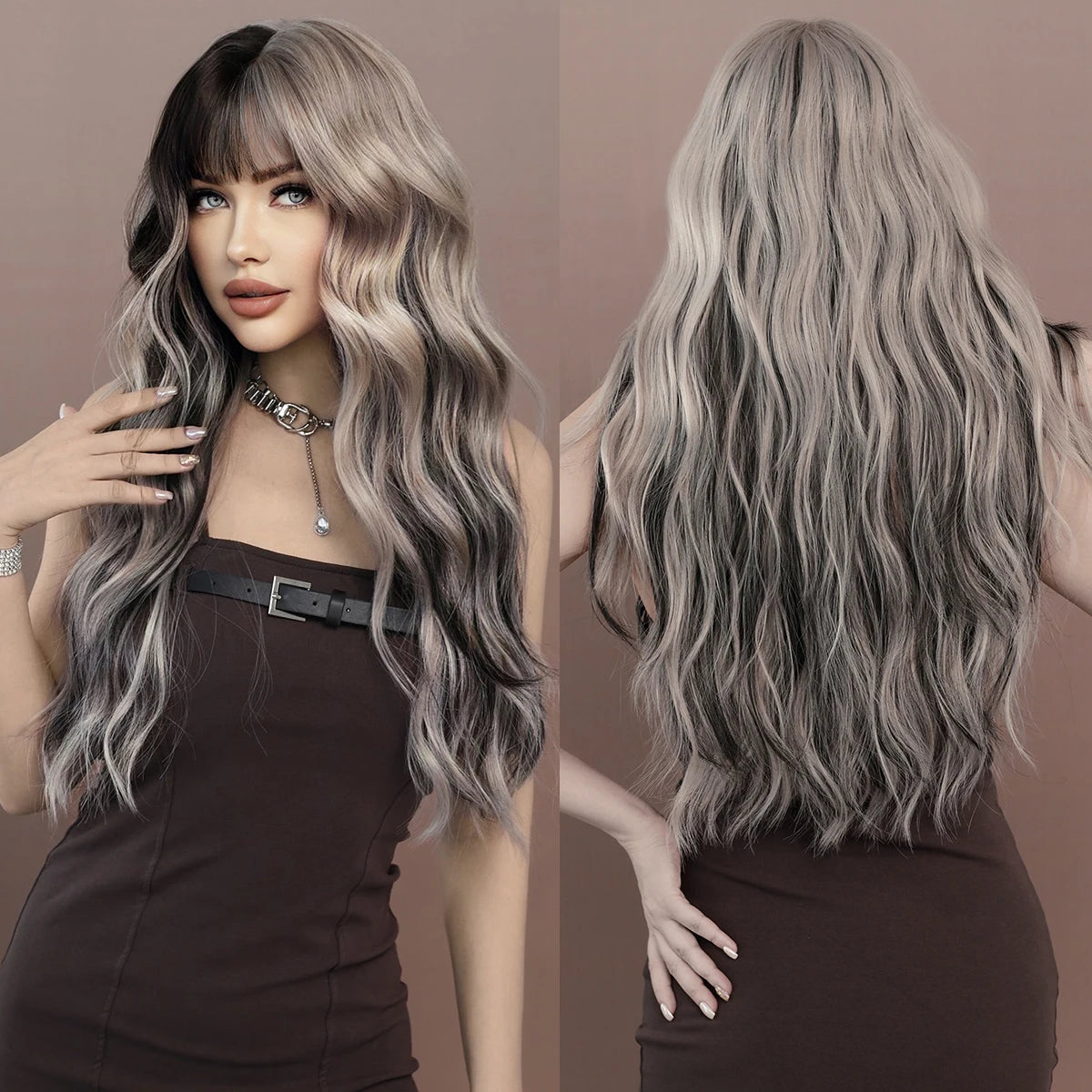 Aquamarine Wig Synthetic Long Curly Orange Red Mermaid Wig with Bangs Loose Body Wave Wigs for Women Halloween Party Cosplay Wig