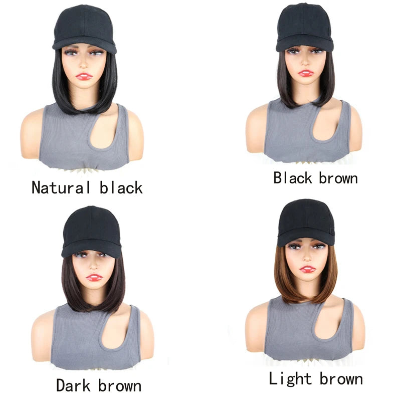 8Inch Synthetic Short Straight Wig Heat Resistant Fiber Stylish Girls' Baseball Hat Wig with Natural  Hair Peaked Cap