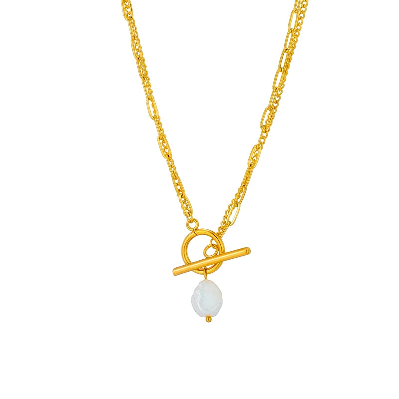 DIEYURO Collier avec pendentif en perles en acier inoxydable 316L avec fermoir OT pour femmes et filles, chaîne à 2 couches, bijoux cadeaux de fête